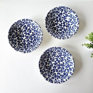 EIT English Ironstone Set Of 3 Blue & White Cherries Leaves Coupe Cereal Bowls